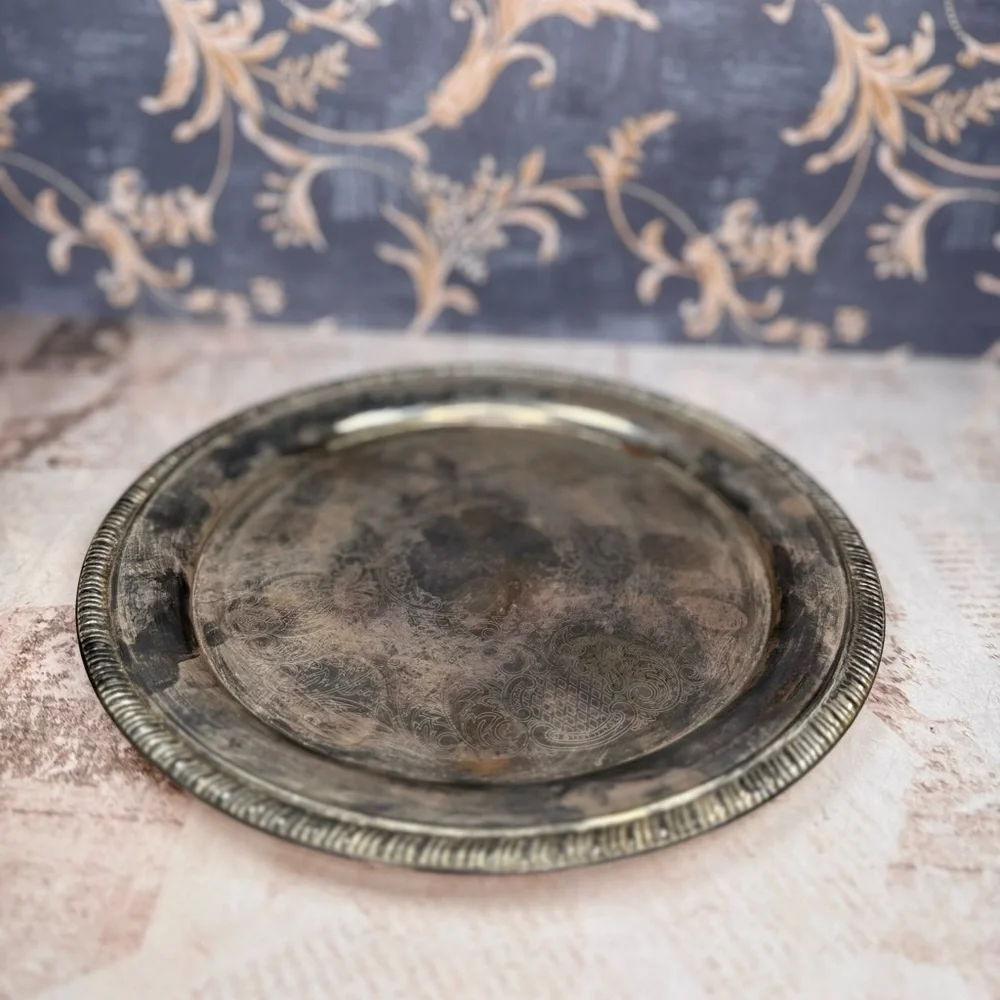 Vintage Ornate Engraved Silverplate Tray Round Heavy Patina